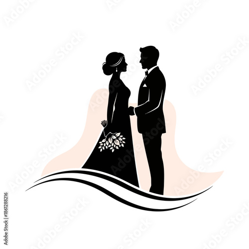 Elegant silhouette of a bride and groom holding hands, symbolizing love and commitment on their wedding day