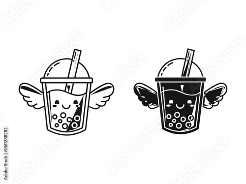 Cute cartoon bubble tea with wings and straw