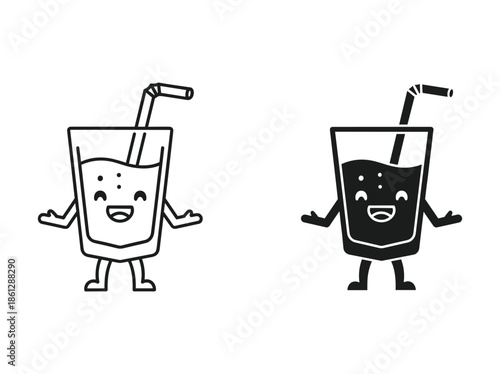 Cartoon illustration of two glasses with straws and smiling faces