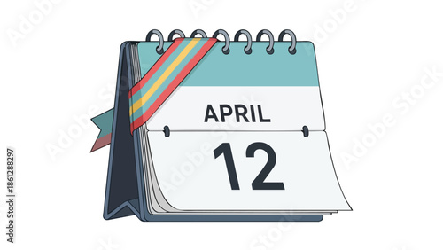 A vibrant illustration of a desktop calendar displaying April 12th, featuring a colorful celebratory ribbon accent