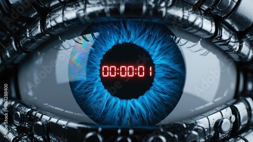 Close-up of a robotic eye with a digital timer on a dark background