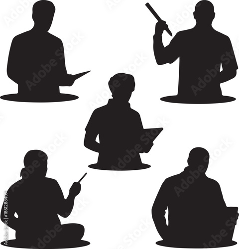 Silhouettes of people in different teaching and learning poses isolated