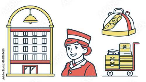 Illustration depicting a hotel building, bellhop, luggage carrier, and a covered luggage item neatly arranged