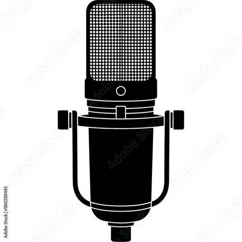 Monochrome studio condenser microphone illustration, podcasting equipment, broadcasting, recording, audio production, graphic design element