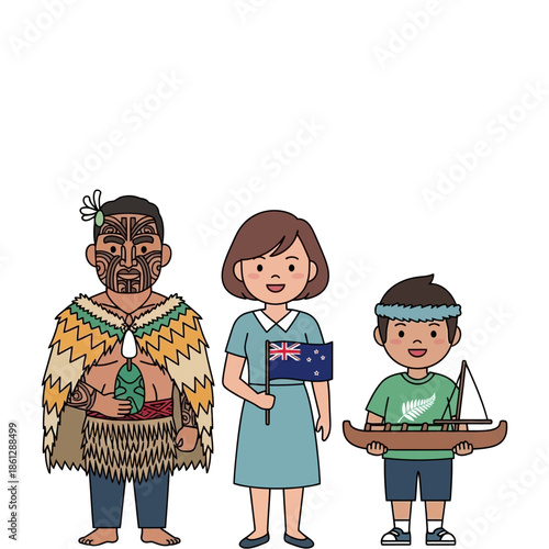 Diverse cartoon characters representing new zealand culture and heritage with maori tattoo and flag