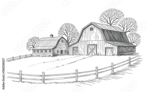 Hand drawn rustic farm landscape featuring a large wooden barn and farmhouse with a wooden fence