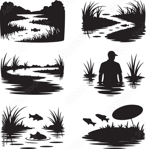 Silhouette illustrations of fishing and aquatic nature scenes