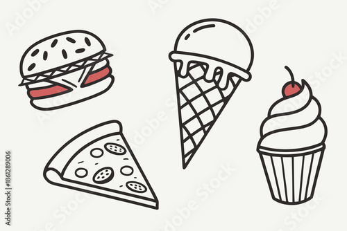 Illustration showcasing a burger, pizza slice, ice cream cone, and cupcake arranged on a plain background