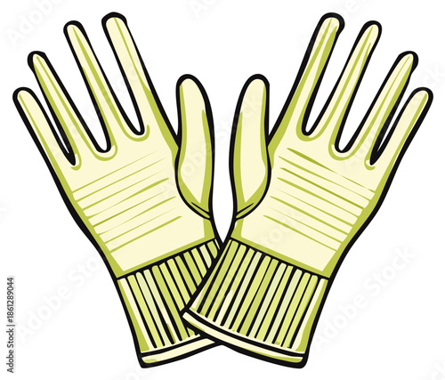 Pair of protective cleaning gloves with ribbed cuffs crossed for illustration