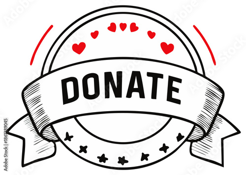 Stylish donate button banner with red hearts and stars for charity and giving
