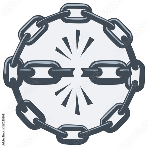 Broken metal chain link in a circle symbolizing freedom liberation or weakness