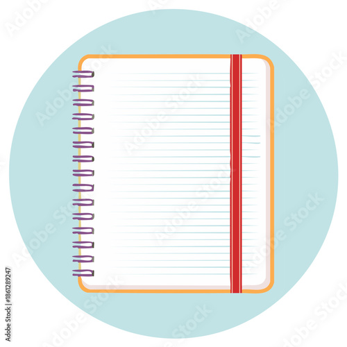 Open spiral notebook with blank lined pages and a red bookmark vector icon