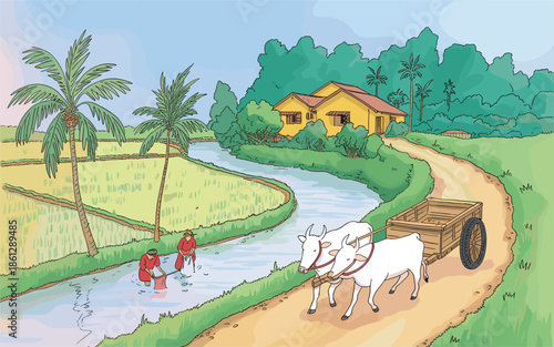 Traditional rural landscape illustration featuring white bullocks pulling a wooden cart along a winding village path