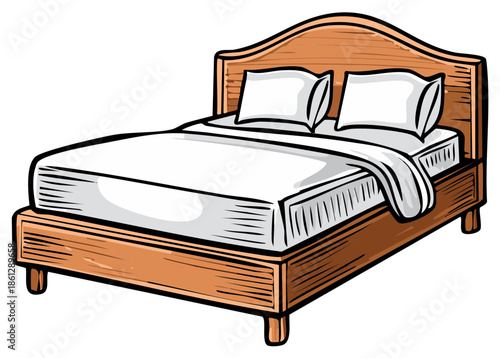 Cartoon bed with pillows and blanket in a bedroom setting