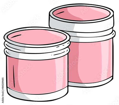Cartoon style illustration of two pink jars with white lids for beauty products or paint