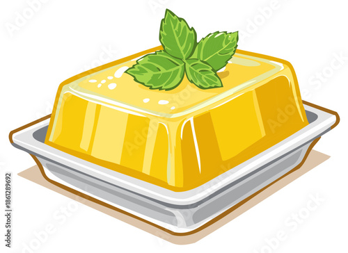 Delicious yellow gelatin dessert served on a white tray with decorative mint leaves on top.