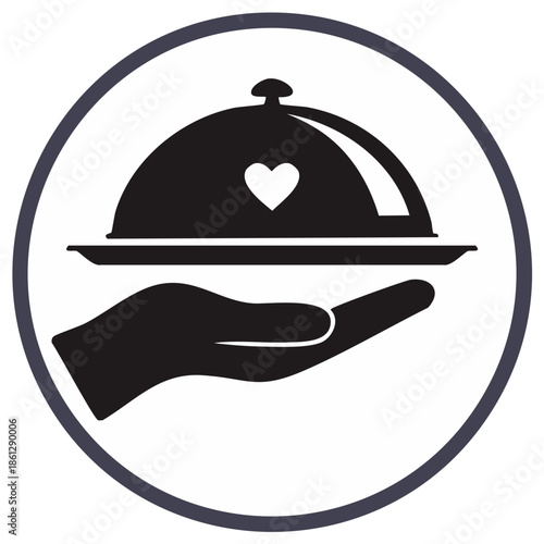 Hand holding serving dish with heart symbol inside a circle