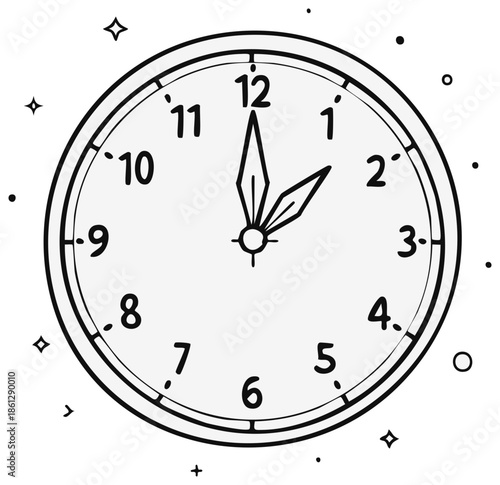 Clock Striking Midnight or Noon, Line Art of Time at One O'Clock
