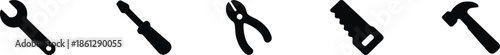 Wrench Screwdriver Pliers Hand Saw and Hammer Simple Black Icons Set for Repair Maintenance Building and Construction Projects Isolated Vector Pictograms Perfect for Engineering DIY