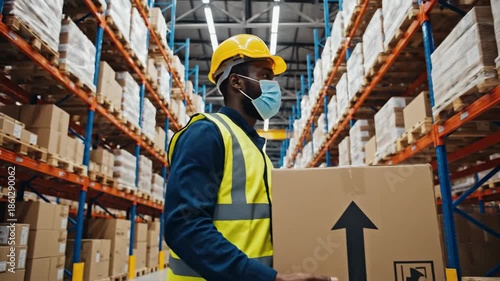 Warehouse worker carrying package between storage racks