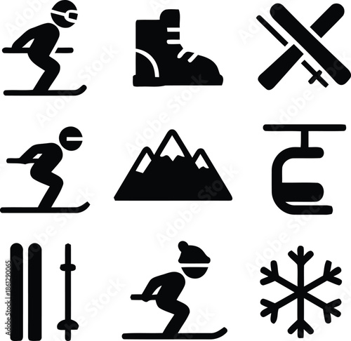 Winter Sport Activities Vector Set Collection of Skier Ski Boot Skiing Poles Mountain Chairlift and Snowflake Winter Season Sport Leisure Recreation Tourism Holiday Vacation Design on White