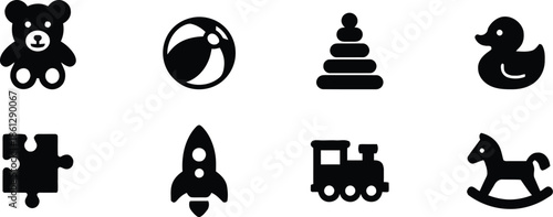 Toys Icons Set Teddy Bear Ball Pyramid Rubber Duck Puzzle Rocket Train Rocking Horse Childhood Playtime Entertainment Fun Recreation Gift Education Collection Design