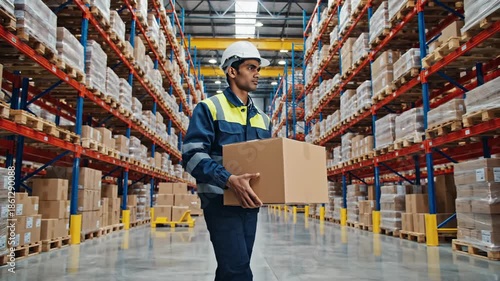 Warehouse worker carrying cardboard box between rows of shelves and cargo