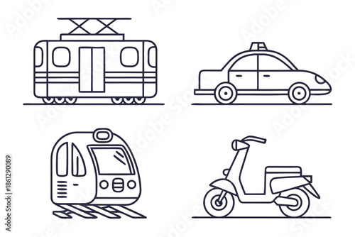 Outlined illustrations of a tram a taxi a train and a scooter representing various modes of transportation