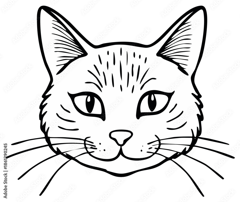 Obraz premium Head of a feline, illustration, pet animal, black and white vector illustration, drawing of a cat face, cat outline