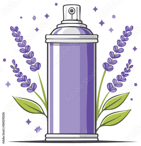 Aerosol Spray Can with Lavender Sprigs and Stars in Purple and Green Illustration
