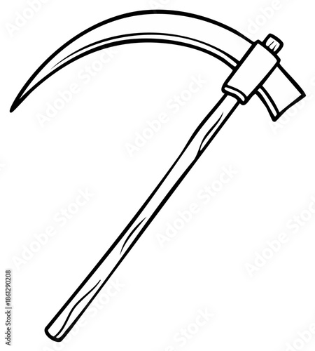 Cartoon outline of a curved blade scythe harvesting tool