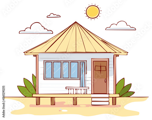 Stylized Small Beach House Illustration with Palm Trees and Sunny Weather for Tropical Getaway Designs