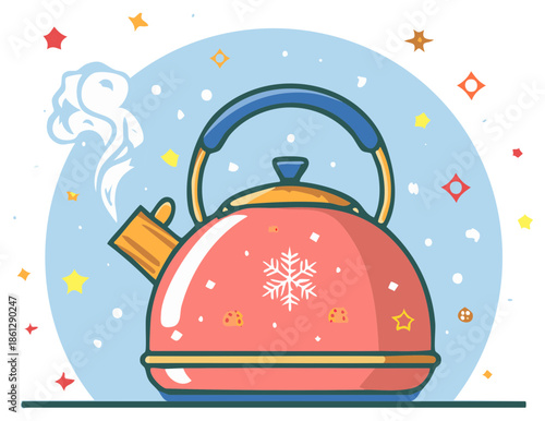 Steaming Kettle With Snowflake Design and Holiday Stars Festive Warmth Illustration