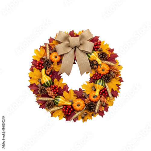 Autumn wreath with pumpkins and bow