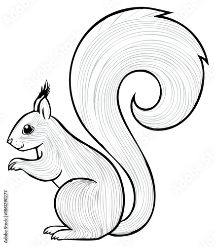 Artistic illustration of a squirrel with detailed fur and curly tail, wildlife.