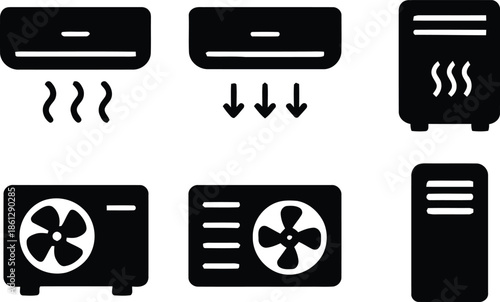 Collection of six black silhouette icons depicting various types of heating and cooling climate control appliances including air conditioners and heaters