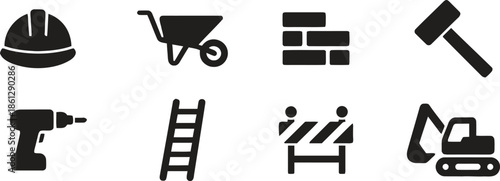 Construction Equipment Icons Vector Illustration Set Featuring Diverse Construction Tools For Building Site Work Isolated On Transparent Background For Design Purposes