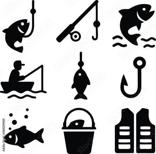 Fishing Icons Set Vector Illustration in Flat Style with Fish Hook Rod Fisherman Boat Bucket Life Vest Underwater