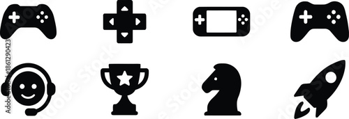 Gaming Icons Set Collection of Gamepad Directional Pad Portable Console Headset Trophy Chess Knight and Rocket Ship with Simple Black Silhouette Vector Illustration