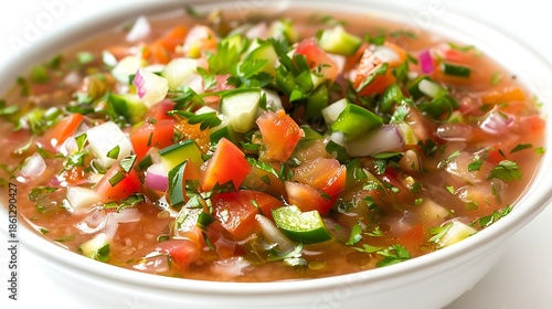 A bowl of fresh gazpacho soup with diced vegetables