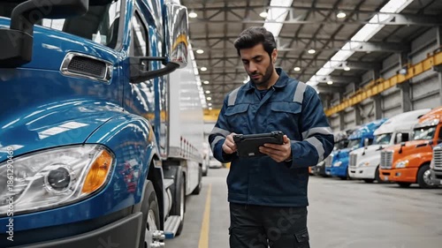 Warehouse worker checking digital tablet near parked truck fleet