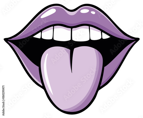Illustration of open mouth with purple lips and tongue, cartoon style, expression