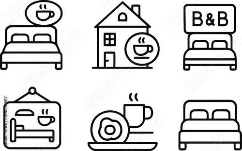Six simple outline icons representing bed and breakfast lodging concepts including house bedroom and meal service symbols for hospitality design