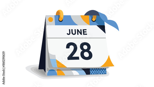 Vibrant blue and yellow desk calendar displaying June 28, perfect for illustrating important dates, event planning, and time management concepts in