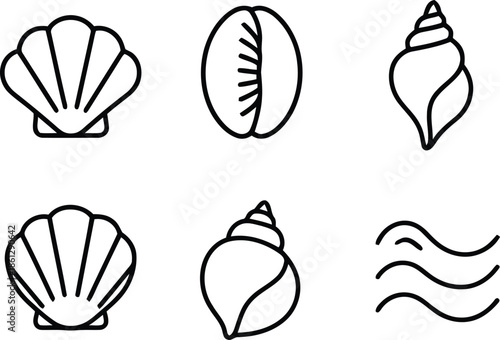 Six line art icons representing different types of seashells including scallop and spiral conch shells evoking ocean beach and marine life themes