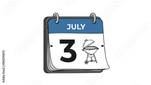 Illustrated calendar page depicting July 3rd marked with a classic barbecue grill, symbolizing summer leisure activities and outdoor cooking