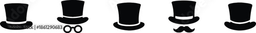 Top Hat Collection Set of Different Styles Gentleman's Hats Formal Headwear Accessory Isolated on Transparent Background Vector Illustration
