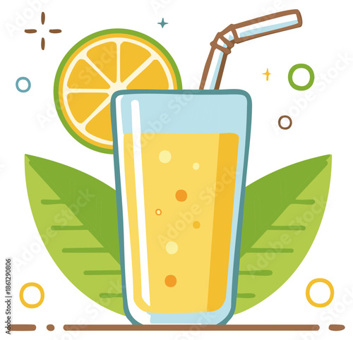 Refreshing citrus juice in a glass with straw and leaves, healthy drink