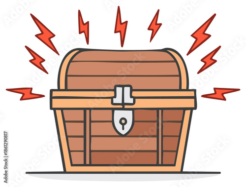 Cartoon treasure chest with glowing red lightning bolts representing a valuable secret prize