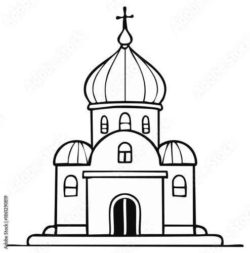 Orthodox Church Building Architecture Iconic Dome With Cross Simple Line Drawing